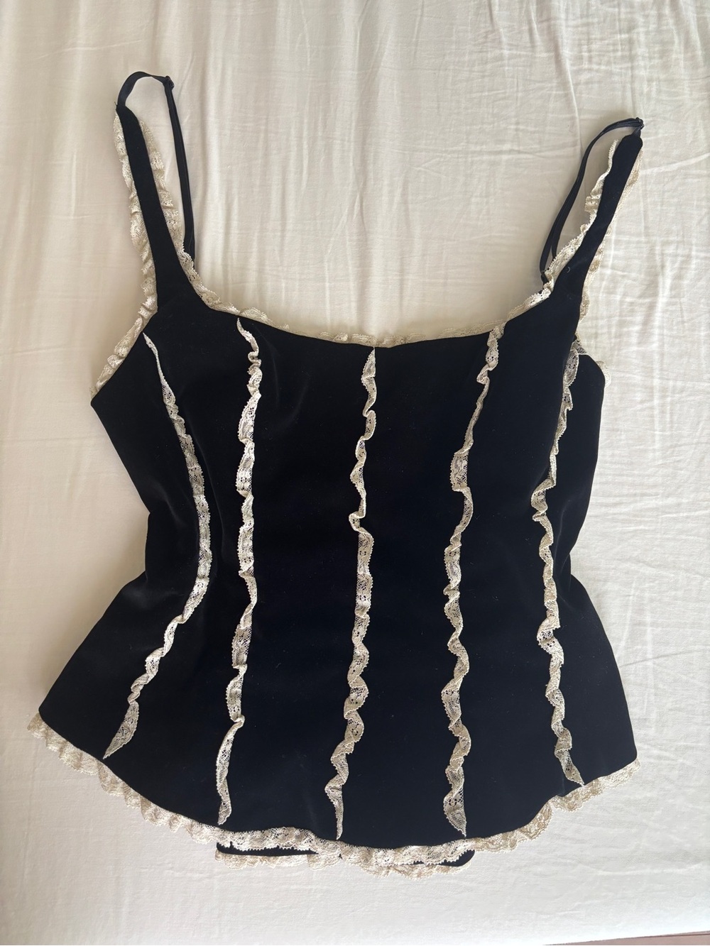 ISO RED Valentino Black Velvet Corset Top with Ruffle Cream Lace Trim